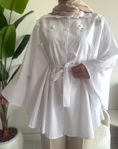 OCPA AKSESUARLI BELİ KEMERLİ PANÇO GÖMLEK 5709-20-BEYAZ - 1