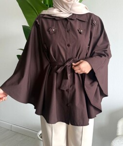 OCPA AKSESUARLI BELİ KEMERLİ PANÇO GÖMLEK 5709-37-KAHVE - 