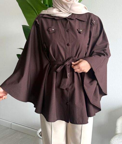 OCPA AKSESUARLI BELİ KEMERLİ PANÇO GÖMLEK 5709-37-KAHVE - 1