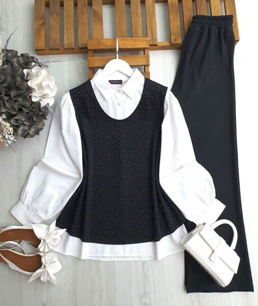 ODGO TAŞLI SÜVETER İÇİ GÖMLEKLİ ÜÇLÜ TAKIM B4-2-1654-01-SİYAH - 1