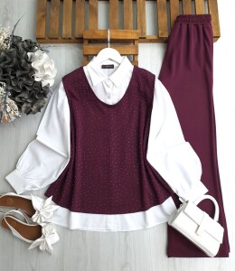 ODGO TAŞLI SÜVETER İÇİ GÖMLEKLİ ÜÇLÜ TAKIM B4-2-1654-04-BORDO - 