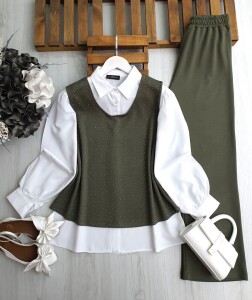 ODGO TAŞLI SÜVETER İÇİ GÖMLEKLİ ÜÇLÜ TAKIM B4-2-1654-09-HAKİ - 1