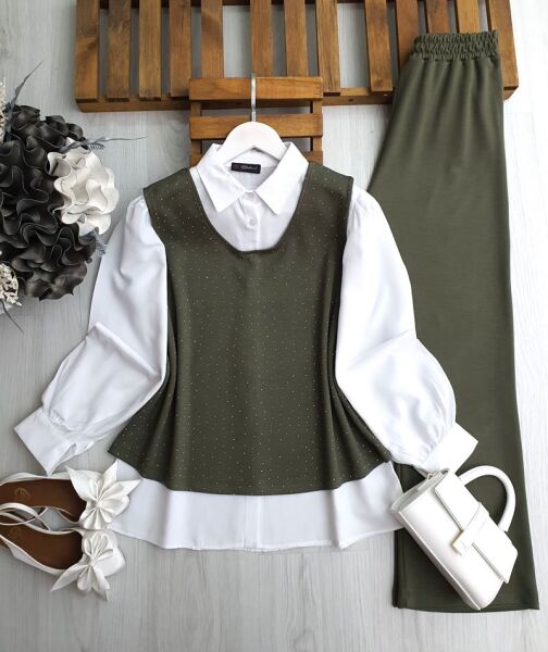 ODGO TAŞLI SÜVETER İÇİ GÖMLEKLİ ÜÇLÜ TAKIM B4-2-1654-09-HAKİ - 1