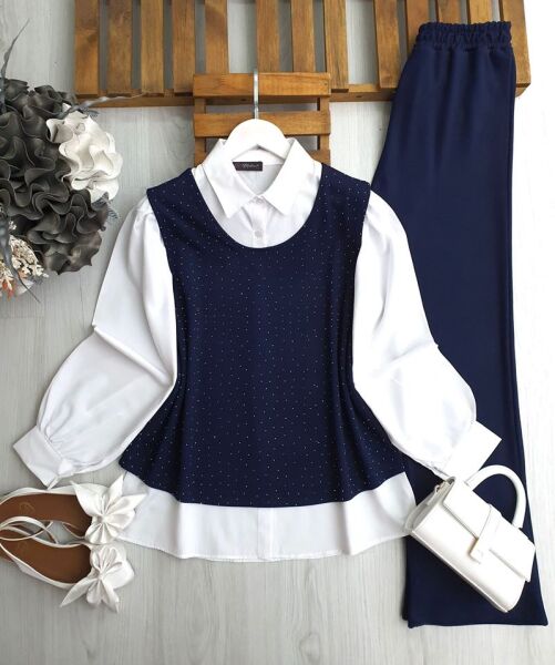 ODGO TAŞLI SÜVETER İÇİ GÖMLEKLİ ÜÇLÜ TAKIM B4-2-1654-12-LACİVERT - 1