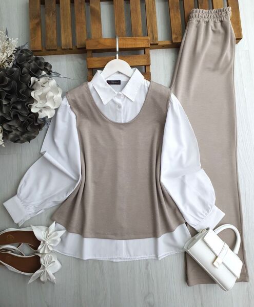 ODGO TAŞLI SÜVETER İÇİ GÖMLEKLİ ÜÇLÜ TAKIM B4-2-1654-22-TAŞ - 1