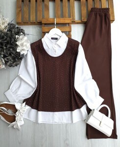 ODGO TAŞLI SÜVETER İÇİ GÖMLEKLİ ÜÇLÜ TAKIM B4-2-1654-37-KAHVERENGİ - 