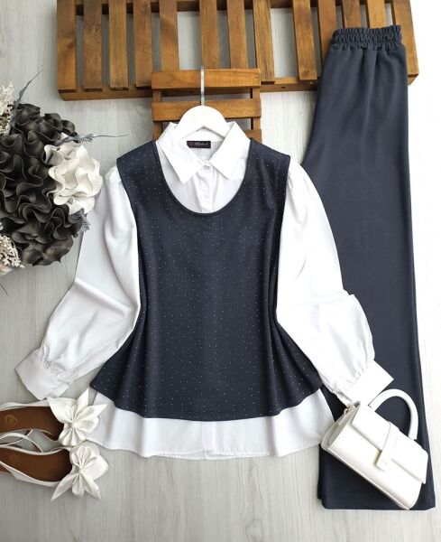 ODGO TAŞLI SÜVETER İÇİ GÖMLEKLİ ÜÇLÜ TAKIM B4-2-1654-58-FÜME - 1