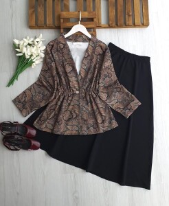 ODNUL TEK DÜĞME SULU DESEN CEKET ETEKLİ TAKIM 1751-01-SİYAH - 1