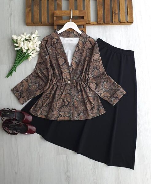 ODNUL TEK DÜĞME SULU DESEN CEKET ETEKLİ TAKIM 1751-01-SİYAH - 1