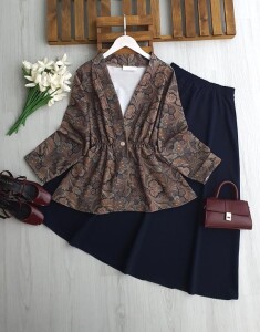 ODNUL TEK DÜĞME SULU DESEN CEKET ETEKLİ TAKIM B5-5-1751-12-LACİVERT - 