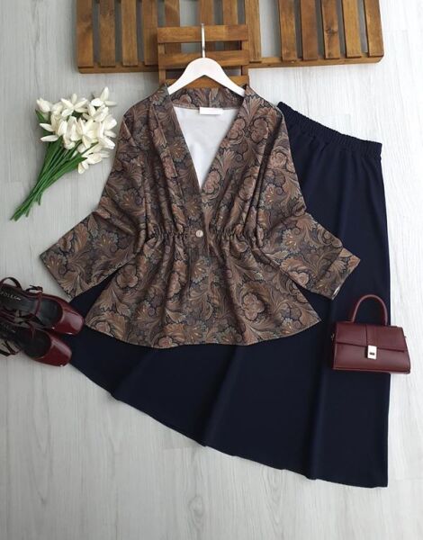 ODNUL TEK DÜĞME SULU DESEN CEKET ETEKLİ TAKIM 1751-12-LACİVERT - 1