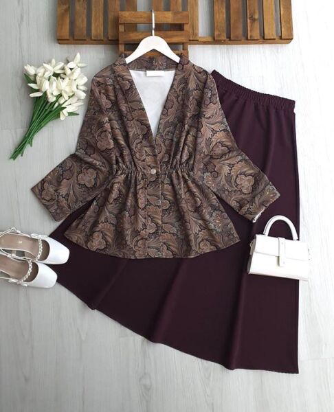 ODNUL TEK DÜĞME SULU DESEN CEKET ETEKLİ TAKIM 1751-18-MÜRDÜM - 1