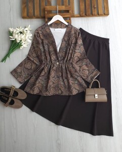 ODNUL TEK DÜĞME SULU DESEN CEKET ETEKLİ TAKIM B5-5-1751-37-KAHVE - 1