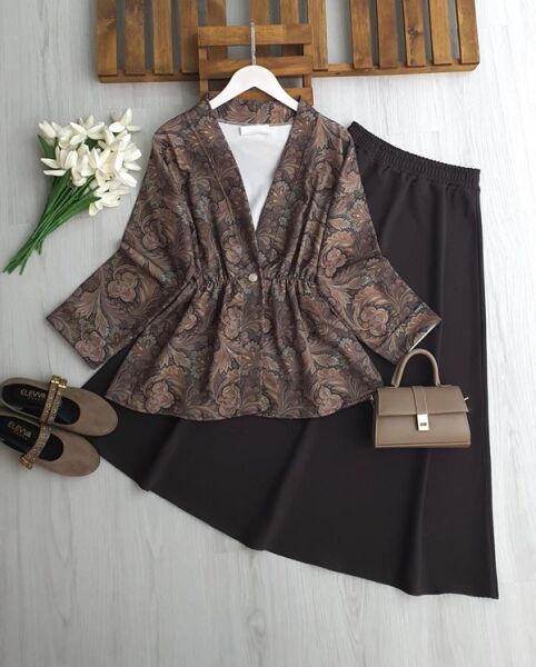 ODNUL TEK DÜĞME SULU DESEN CEKET ETEKLİ TAKIM B5-5-1751-37-KAHVE - 1