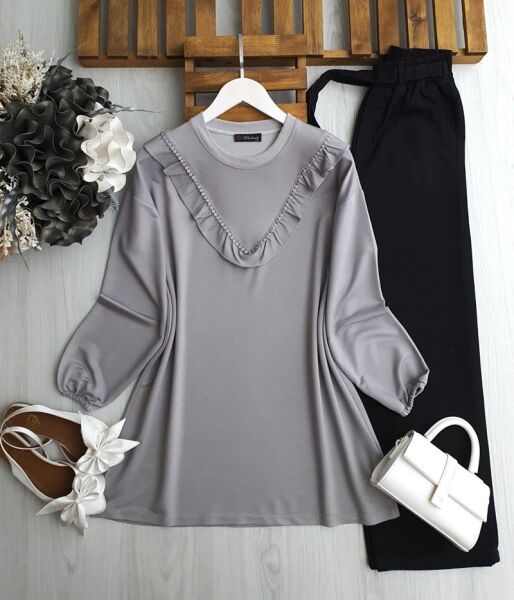 ODSGA İŞLEMELİ V FIRFIRLI TUNİK B9-2-5620-26-GRİ - 1