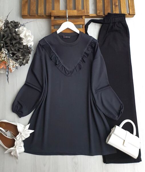 ODSGA İŞLEMELİ V FIRFIRLI TUNİK B9-2-5620-58-FÜME - 1