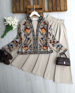 OGDEZ ÇİÇEK NAKIŞLI ASTARLI CEKET 3229-25-VİZON - 1