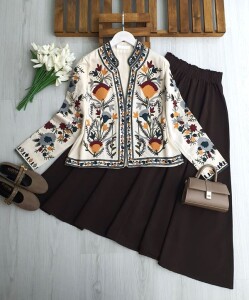 OGDEZ ÇİÇEK NAKIŞLI ASTARLI CEKET 3229-50-KEMİK - 1