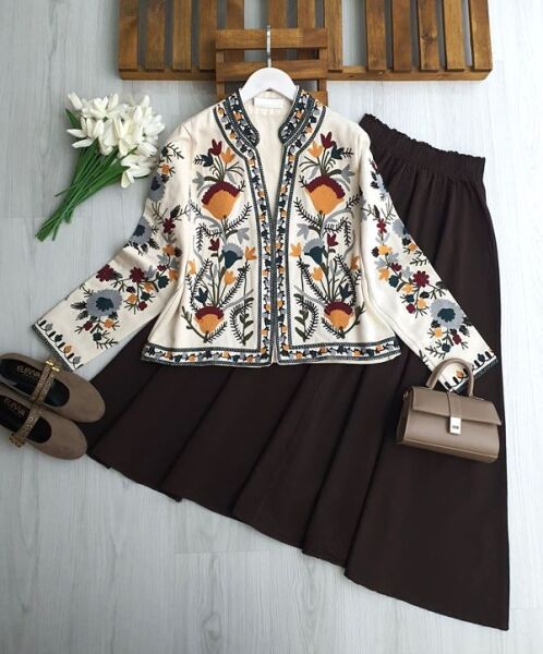 OGDEZ ÇİÇEK NAKIŞLI ASTARLI CEKET 3229-50-KEMİK - 1