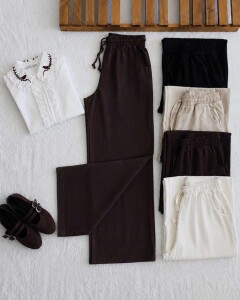 OGLA BELİ LASTİKLİ BAĞCIKLI GABARDİN KETEN BOL PANTOLON 6124-37-KAHVE - 