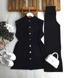 OGSAY BELİ İPLİ DÜĞMELİ KAPÜŞONLU SAKAL İPLİK YELEK 3223-01-SİYAH - 1