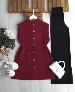 OGSAY BELİ İPLİ DÜĞMELİ KAPÜŞONLU SAKAL İPLİK YELEK 3223-04-BORDO - 1