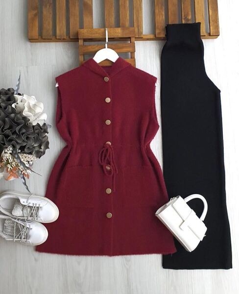 OGSAY BELİ İPLİ DÜĞMELİ KAPÜŞONLU SAKAL İPLİK YELEK 3223-04-BORDO - 1