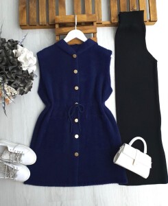 OGSAY BELİ İPLİ DÜĞMELİ KAPÜŞONLU SAKAL İPLİK YELEK 3223-12-LACİVERT - 1