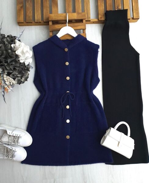 OGSAY BELİ İPLİ DÜĞMELİ KAPÜŞONLU SAKAL İPLİK YELEK 3223-12-LACİVERT - 1