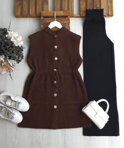 OGSAY BELİ İPLİ DÜĞMELİ KAPÜŞONLU SAKAL İPLİK YELEK 3223-37-KAHVE - 1