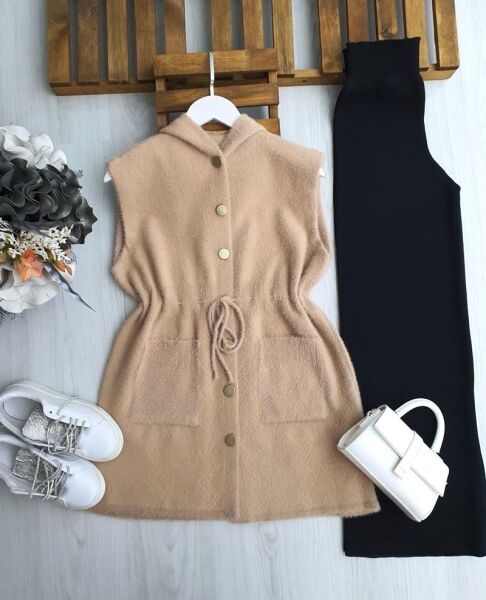 OGSAY BELİ İPLİ DÜĞMELİ KAPÜŞONLU SAKAL İPLİK YELEK 3223-48-BİSKÜVİ - 1