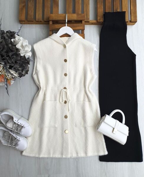 OGSAY BELİ İPLİ DÜĞMELİ KAPÜŞONLU SAKAL İPLİK YELEK 3223-50-KEMİK - 1