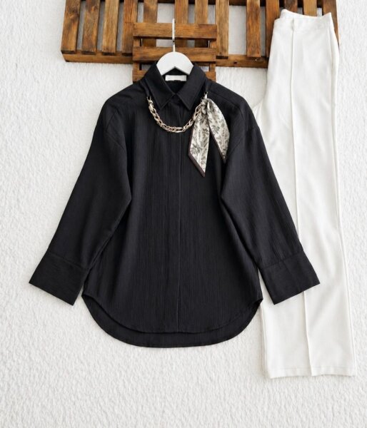 OHLEN FULARLI KOLYELİ GÖMLEK TUNİK 5733-01-SİYAH - 1