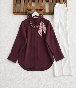 OHLEN FULARLI KOLYELİ GÖMLEK TUNİK 5733-04-BORDO - 