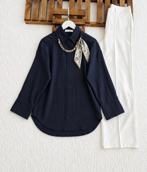 OHLEN FULARLI KOLYELİ GÖMLEK TUNİK 5733-12-LACİVERT - 1