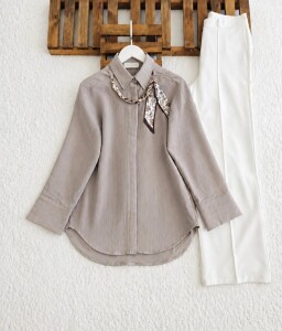 OHLEN FULARLI KOLYELİ GÖMLEK TUNİK 5733-25-VİZON - 