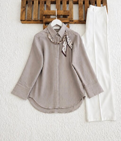 OHLEN FULARLI KOLYELİ GÖMLEK TUNİK 5733-25-VİZON - 1