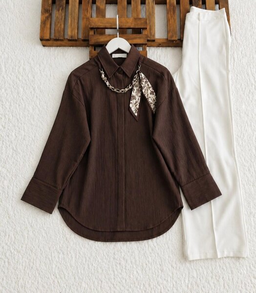 OHLEN FULARLI KOLYELİ GÖMLEK TUNİK 5733-37-KAHVE - 1