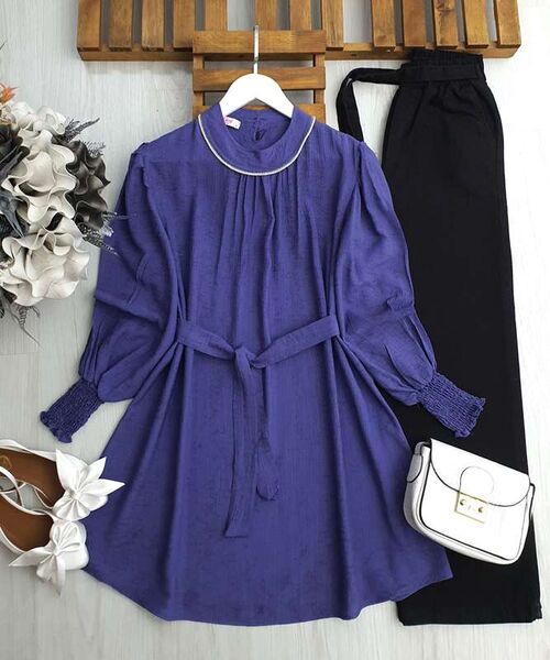 OLANE GİPE KOL TAŞ BİYELİ GENİŞ YAKA DESENLİ ÇİLEK TUNİK C9-5507-02-MOR - 1