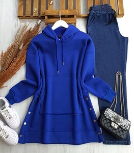 OLAW ÇITÇIT DÜĞMELİ KANGURU CEP ÜÇ İPLİK SWEAT A4-4 5390-14-SAKS - 
