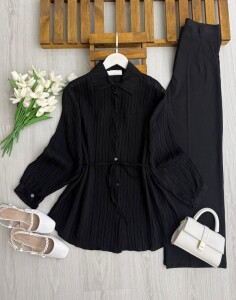 OLBEY ÜST DİKİŞLİ BELİ İPLİ SALAŞ GÖMLEK TUNİK 5690-01-SİYAH - 1