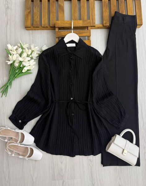 OLBEY ÜST DİKİŞLİ BELİ İPLİ SALAŞ GÖMLEK TUNİK 5690-01-SİYAH - 1