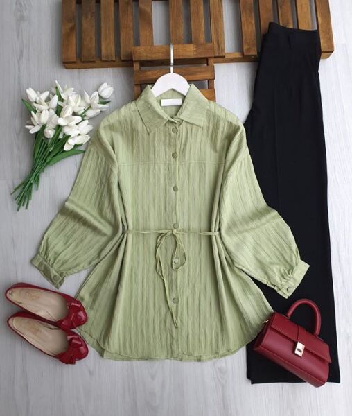 OLBEY ÜST DİKİŞLİ BELİ İPLİ SALAŞ GÖMLEK TUNİK 5690-07-YEŞİL - 1