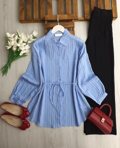 OLBEY ÜST DİKİŞLİ BELİ İPLİ SALAŞ GÖMLEK TUNİK 5690-10-MAVİ - 1