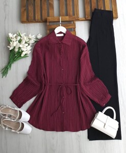 OLBEY ÜST DİKİŞLİ BELİ İPLİ SALAŞ GÖMLEK TUNİK 5690-18-MÜRDÜM - 1