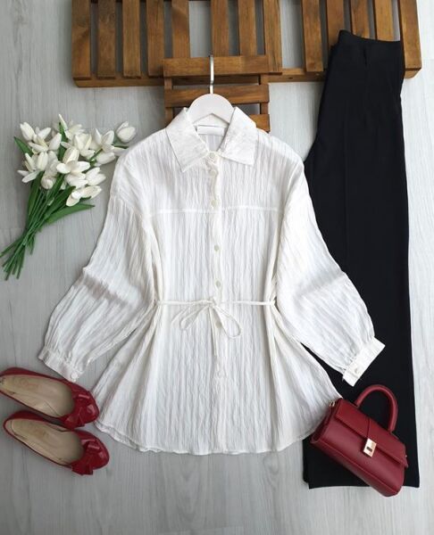 OLBEY ÜST DİKİŞLİ BELİ İPLİ SALAŞ GÖMLEK TUNİK 5690-20-BEYAZ - 1