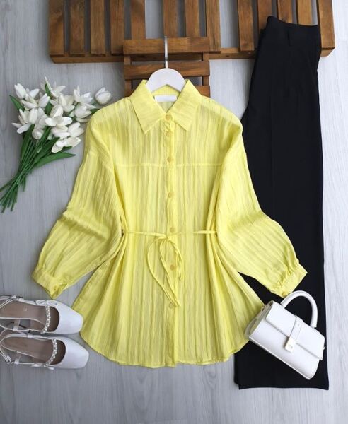 OLBEY ÜST DİKİŞLİ BELİ İPLİ SALAŞ GÖMLEK TUNİK 5690-23-SARI - 1