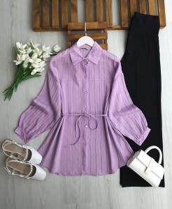 OLBEY ÜST DİKİŞLİ BELİ İPLİ SALAŞ GÖMLEK TUNİK 5690-32-LİLA - 1