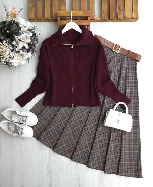 OLDQ KIVRIK YAKA FERMUARLI TRİKO HIRKA 8195-04-BORDO - 1