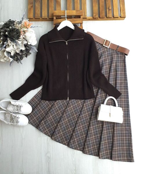 OLDQ KIVRIK YAKA FERMUARLI TRİKO HIRKA 8195-37-KAHVE - 1